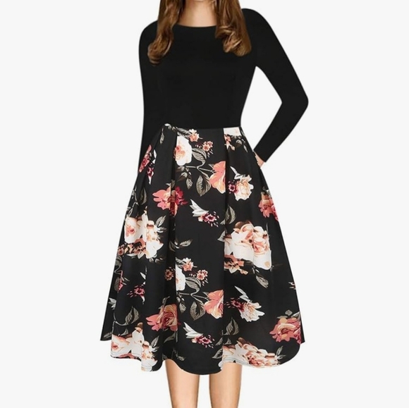 Chic Long Sleeve Black Floral Dress With POCKETS on Each Side!! - Picture 2 of 8